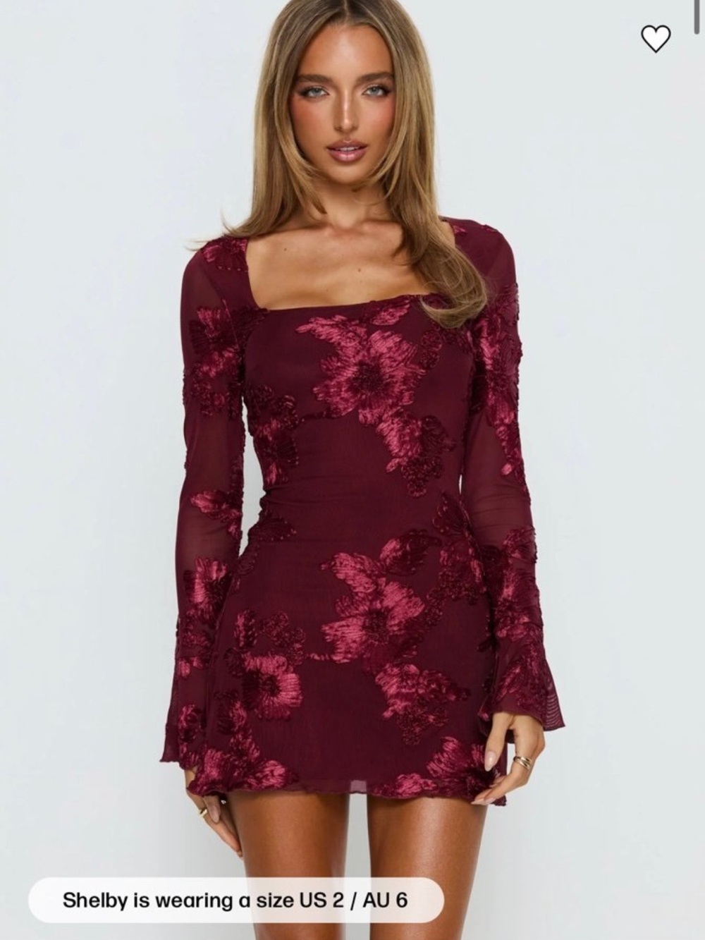 Princess Polly Better Love Long Sleeve Mini Dress Burgundy Floral